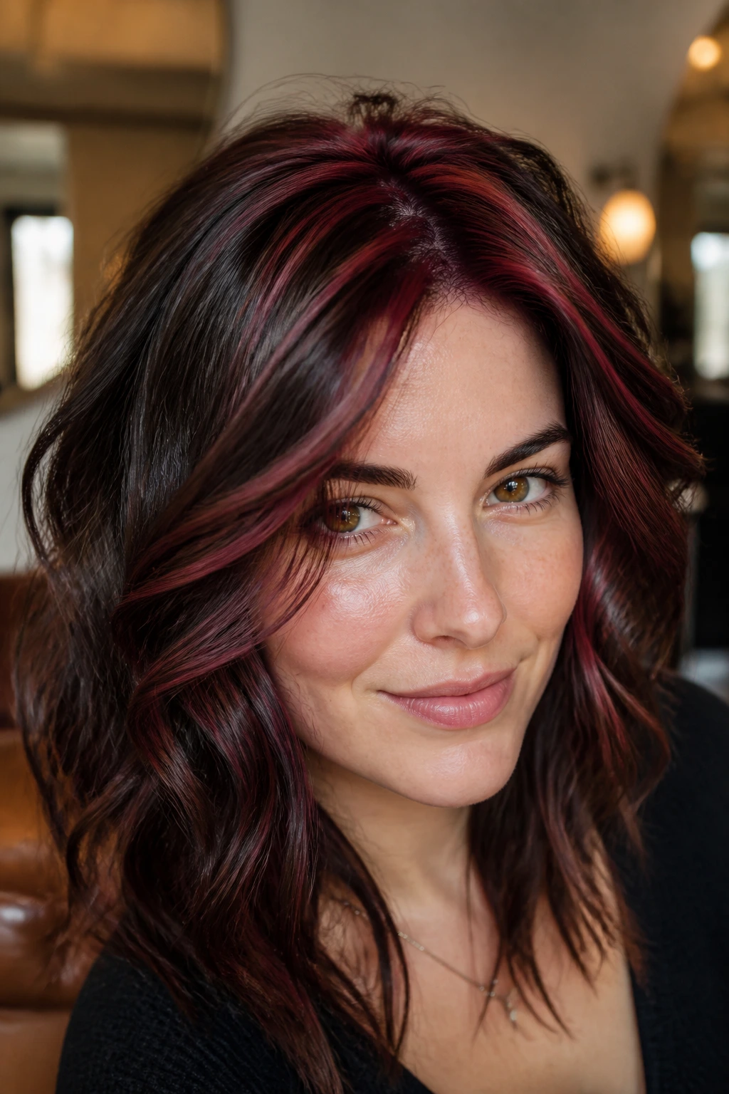 Close-up of garnet streaks around the crown in wavy hair