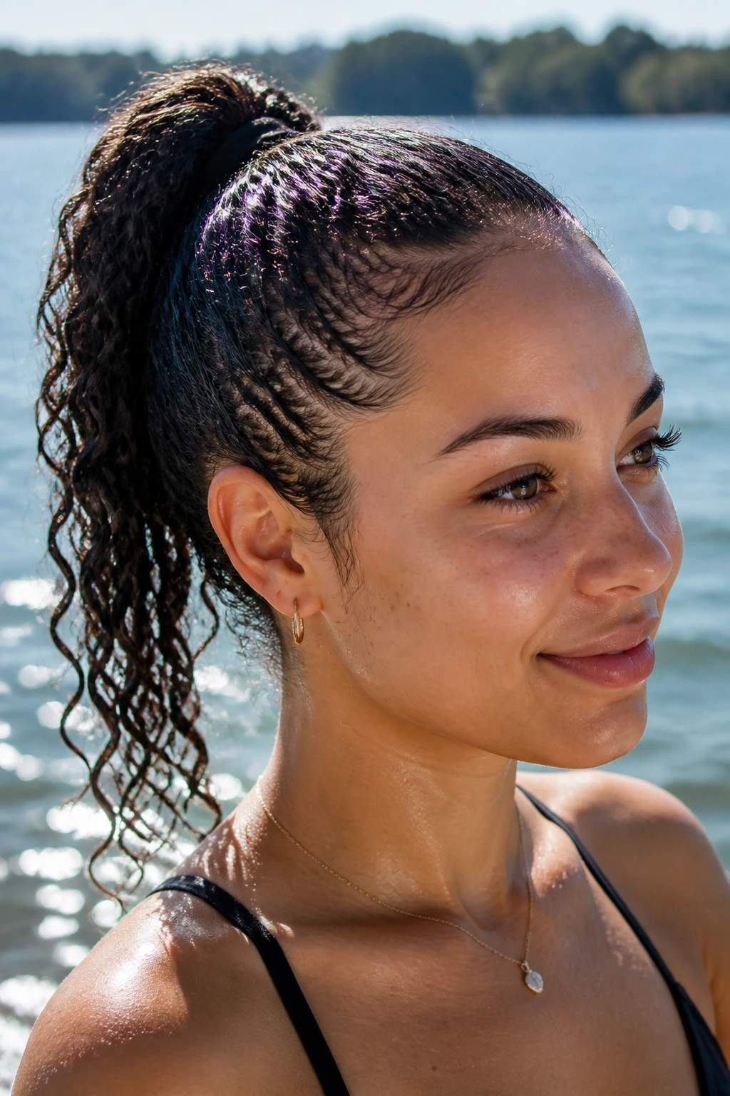 Close-up of a woman with a gel-cast wet ponytail by the lake