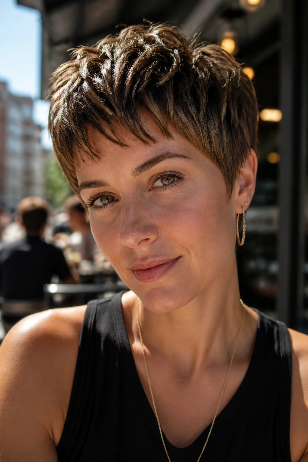 Portrait of a woman with a gel-defined piecey pixie in daylight.