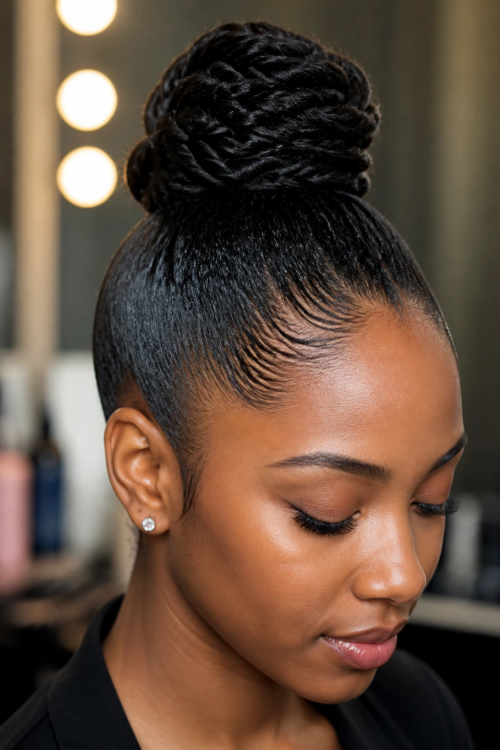 Real person with gel-sleek twist bun and clean hairline