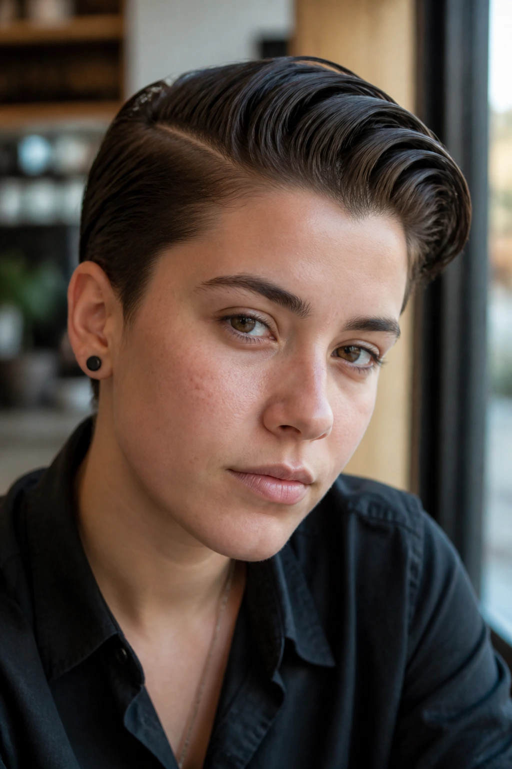 Close-up of a real person with a deep side part and gel-swept hair.