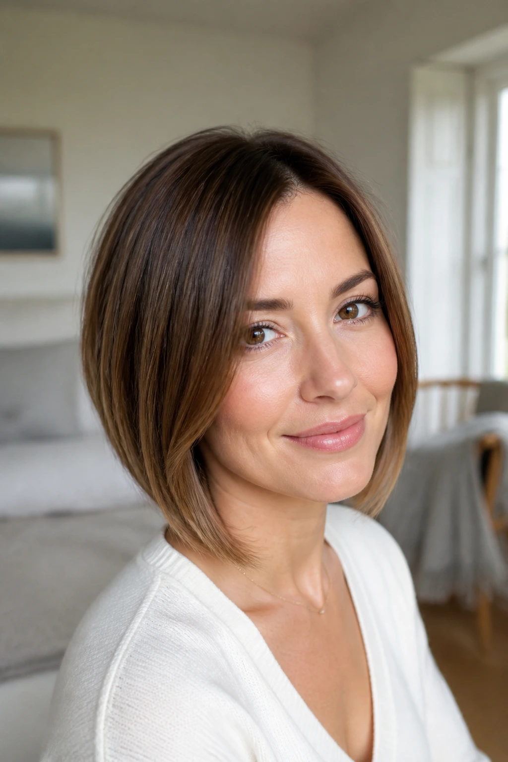 Real woman wearing a gentle angled bob with a soft, asymmetrical line framing the face.