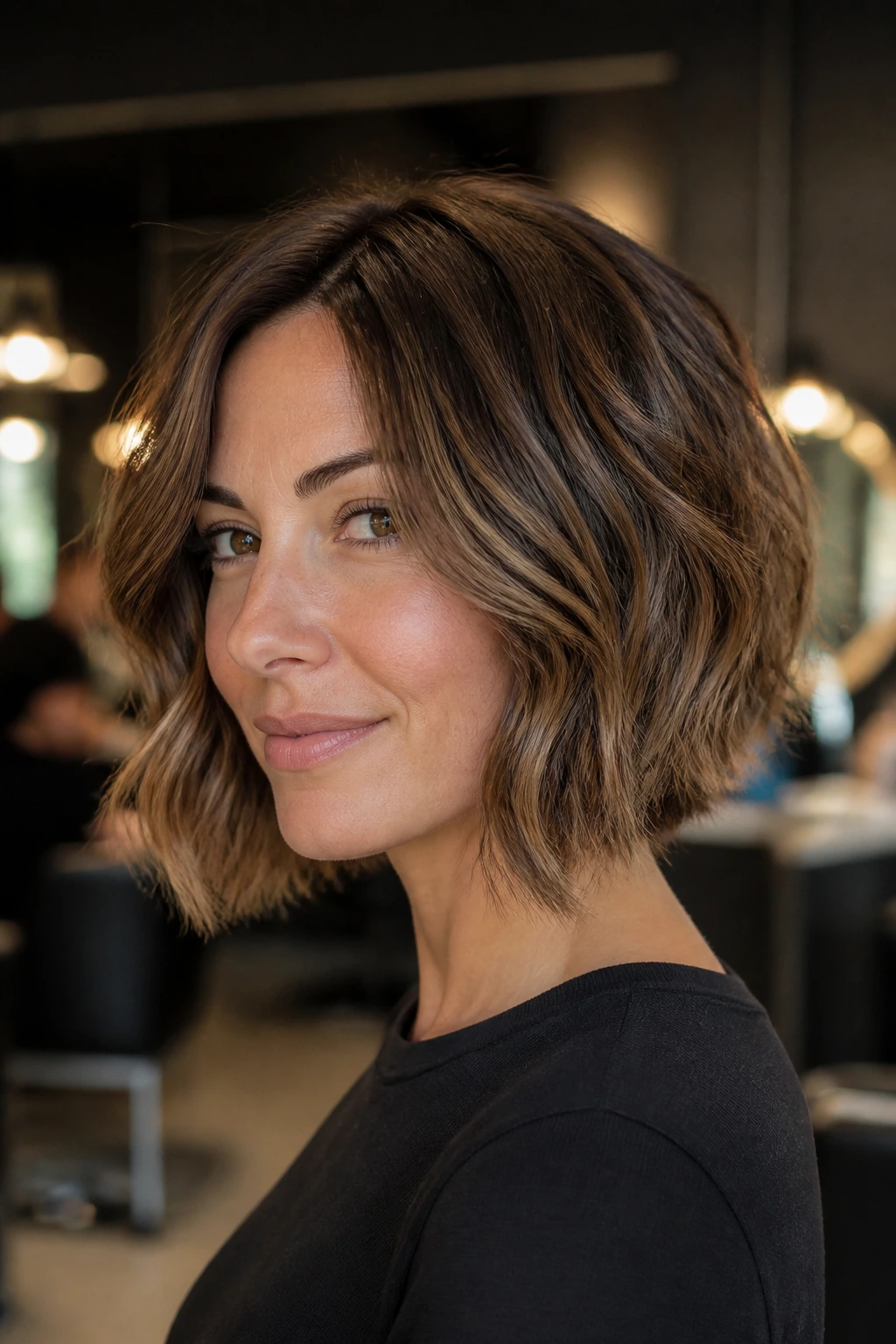 Real woman with a gentle inverted bob in a softly lit salon