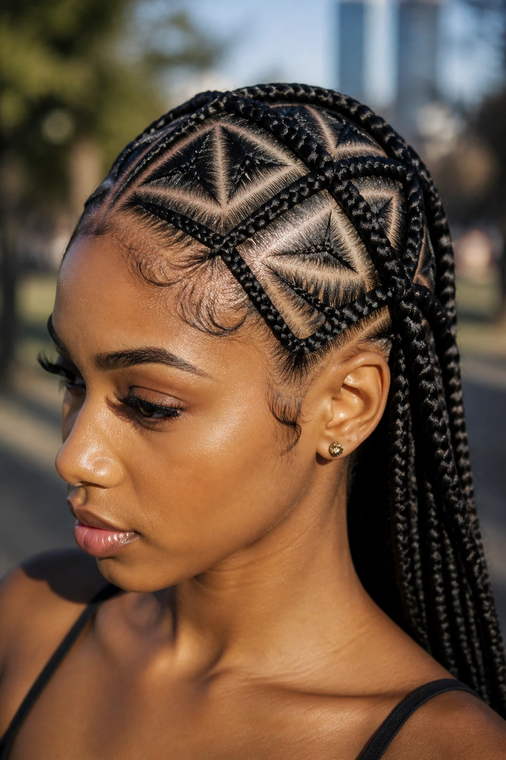 Close-up of a real person with freestyle geometric braids across the scalp