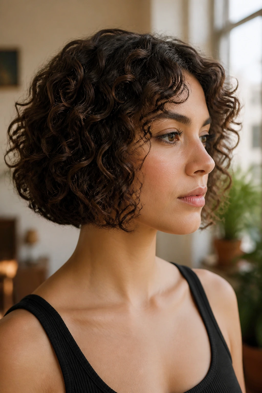 Close-up portrait of a real woman with a geometric crop featuring sharp corners around cheeks and jaw in warm natural light