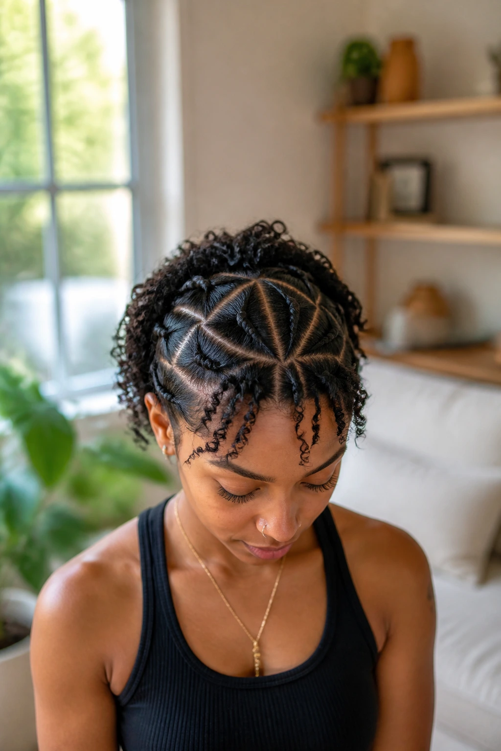 Close-up of a real person with geometric triangle parts and hanging curls