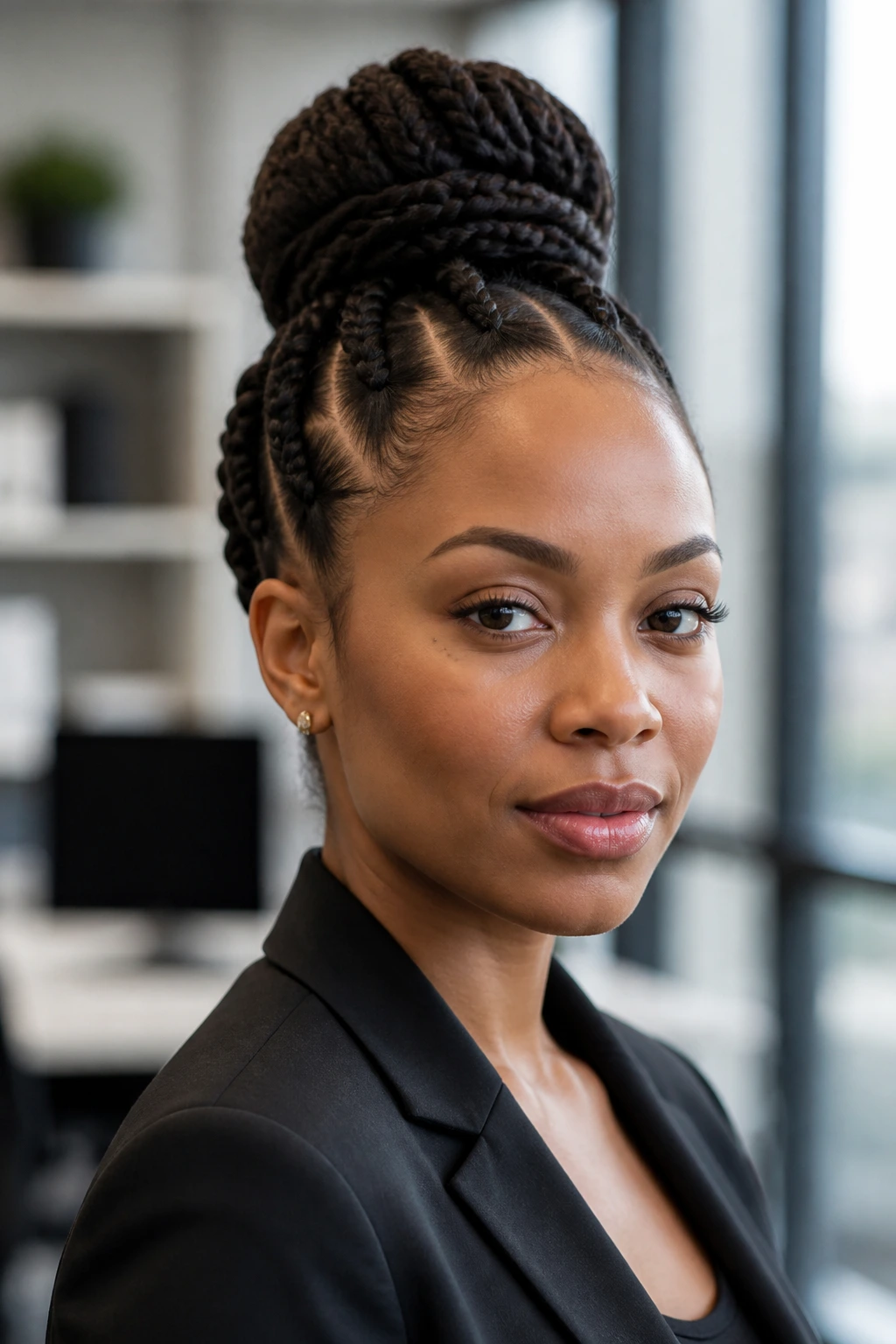 Close-up of a real woman with thick Ghana braids sculpted into a crown bun in a modern office.