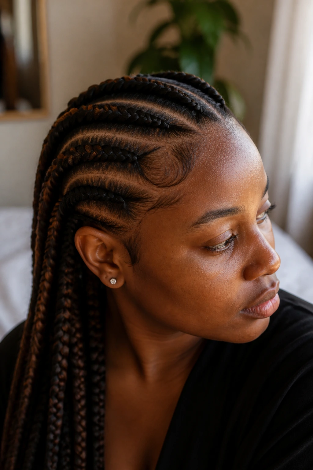 Close-up of Ghana braids with subtle coffee bands on a real person, warm window light
