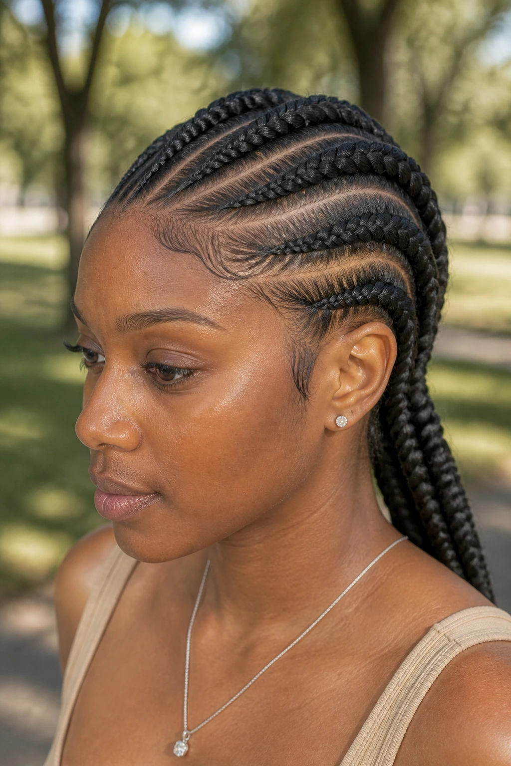 Close-up portrait of a real person with Ghana braids featuring rope-like cornrows from front to back
