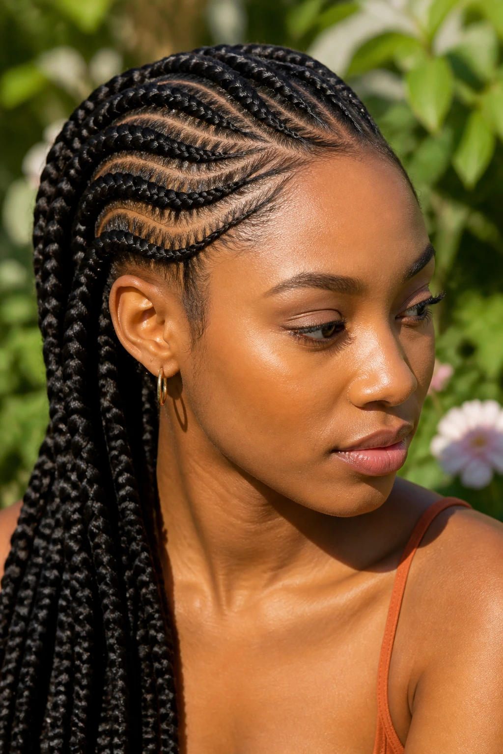 Close-up of a woman with Ghana braids in soft curved rows in a sunny garden.