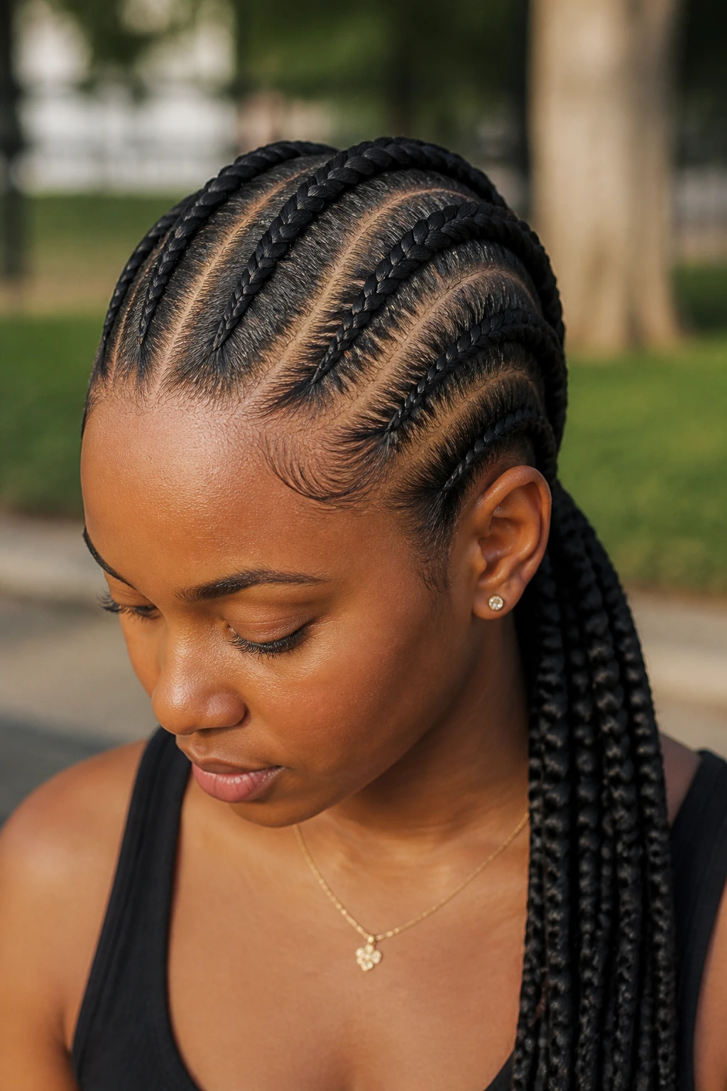 Real person with Ghana braids feed-in cornrows forming a tapered silhouette