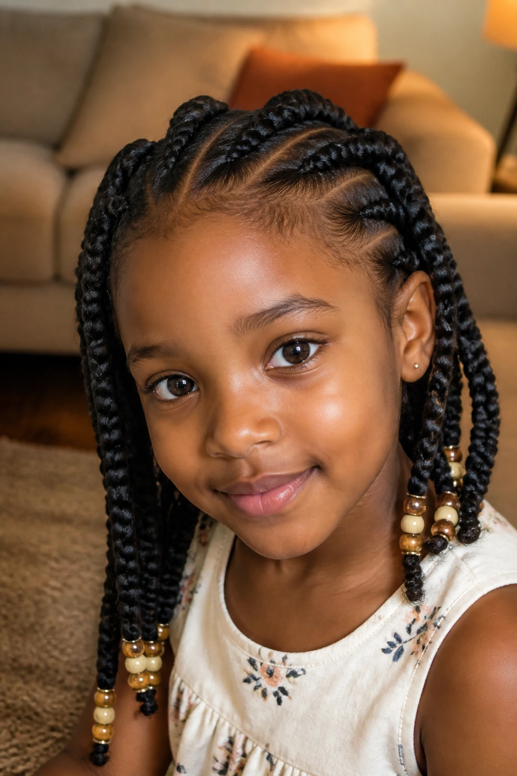 Close-up of a real child with large Ghana braids close to the scalp