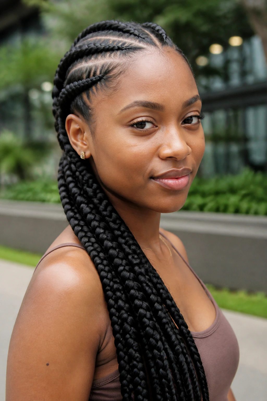 Close-up portrait of a real person with long Ghana braids cascading down one side