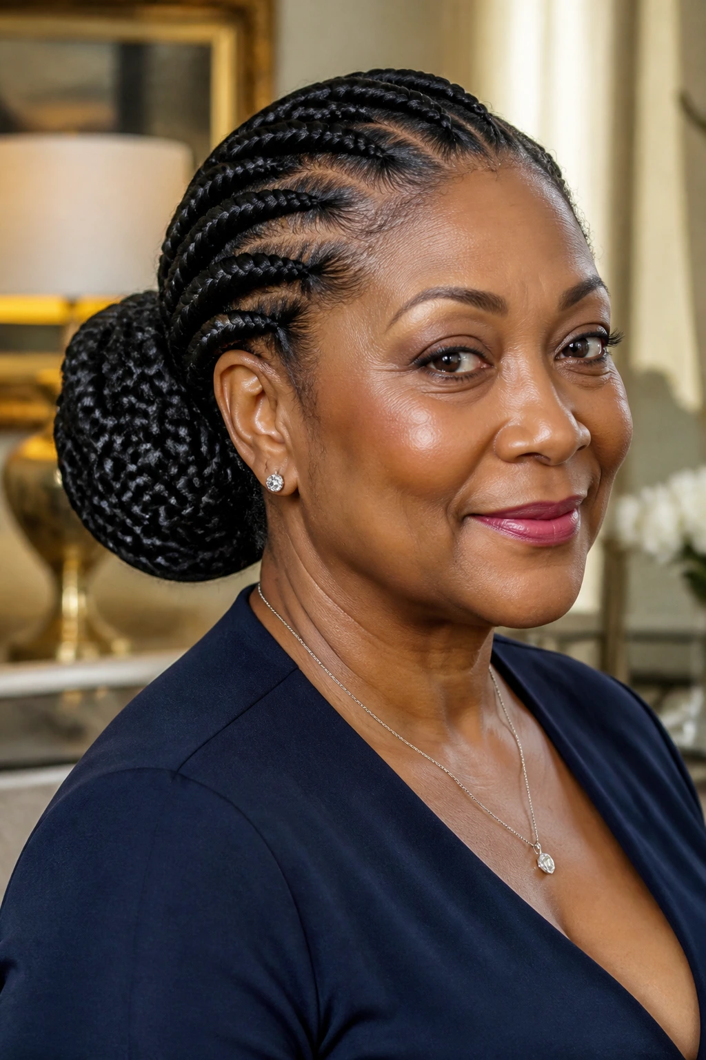 Close-up of a woman with Ghana braids forming a low bun at the nape