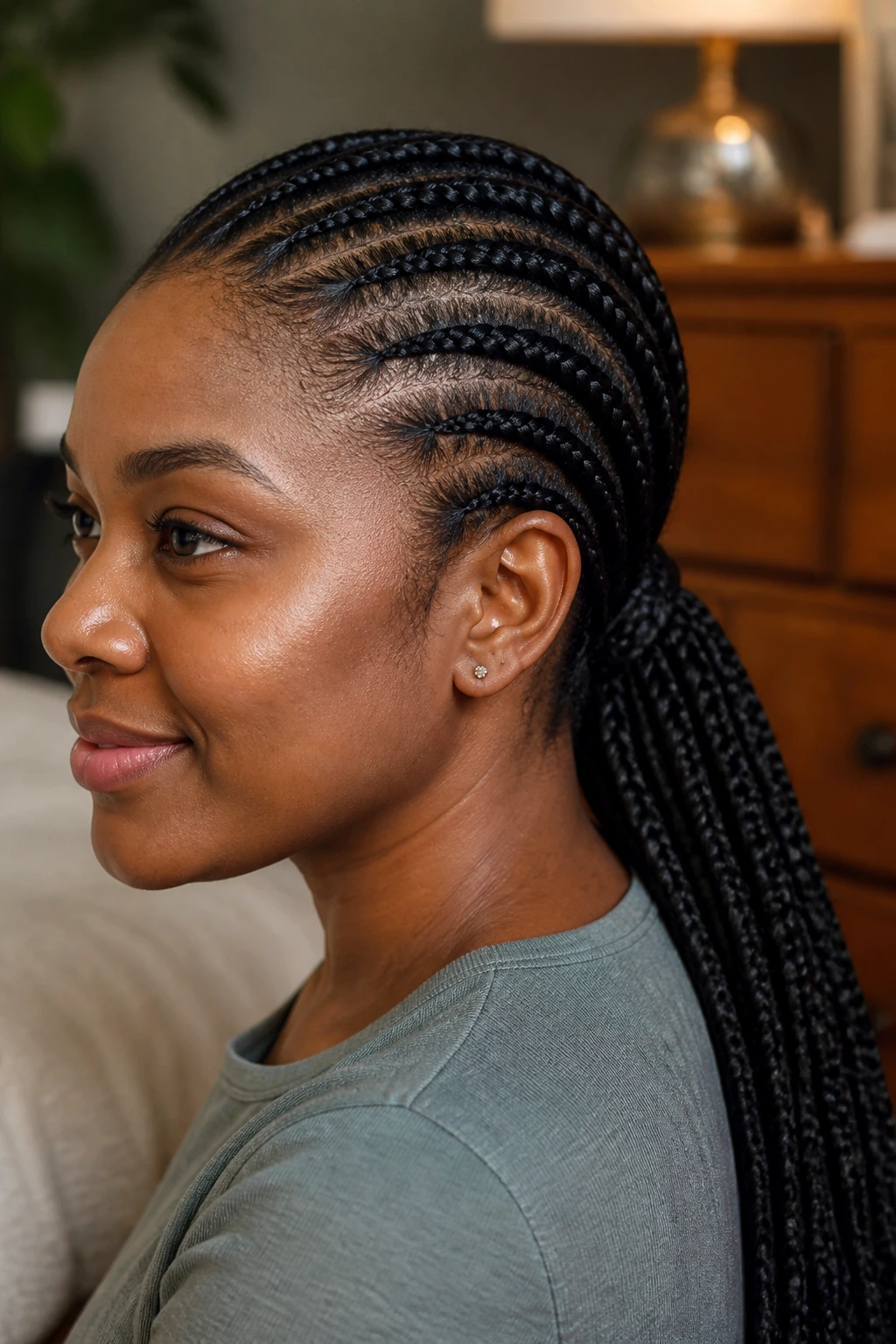 Close-up of real person with Ghana braids in a low ponytail