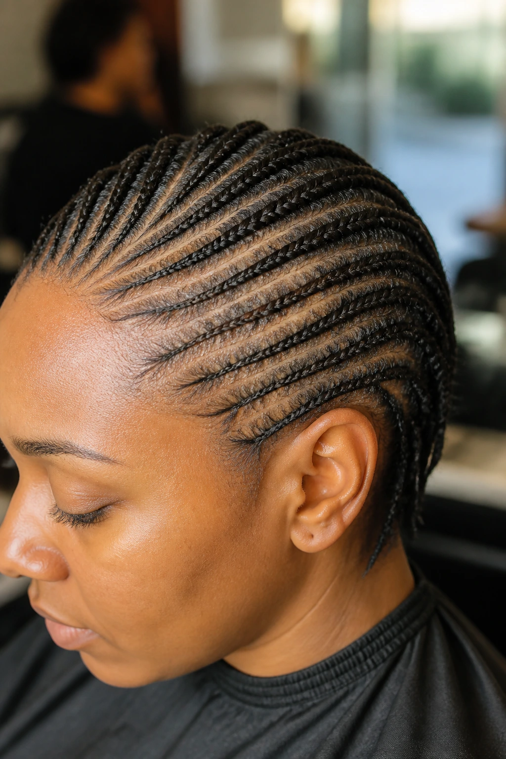 Close-up of a real person with small Ghana braids in bright salon light