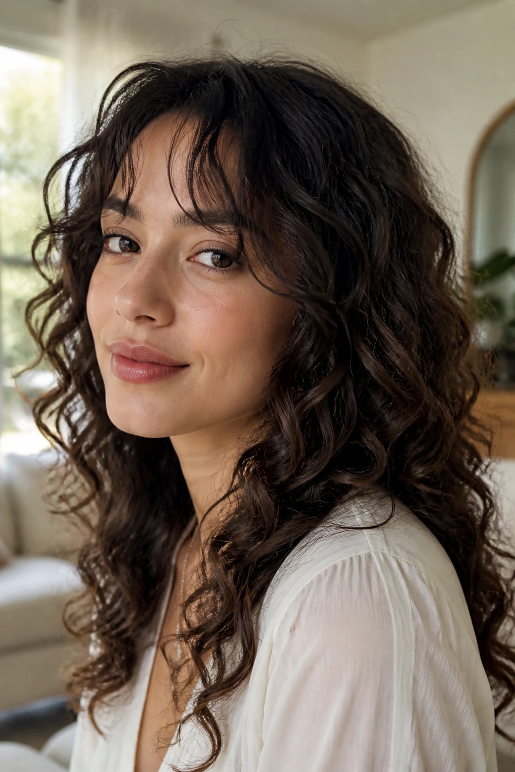 Close-up of a real woman with ghost bangs and invisible front layers.