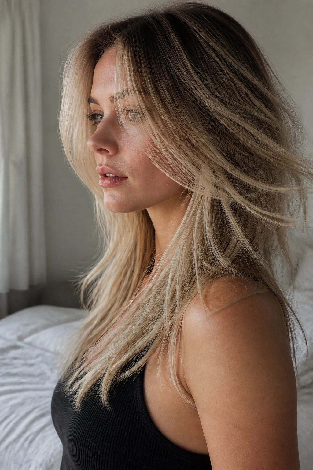 Close-up portrait of a real woman with invisible ghost layers in fine hair under natural window light