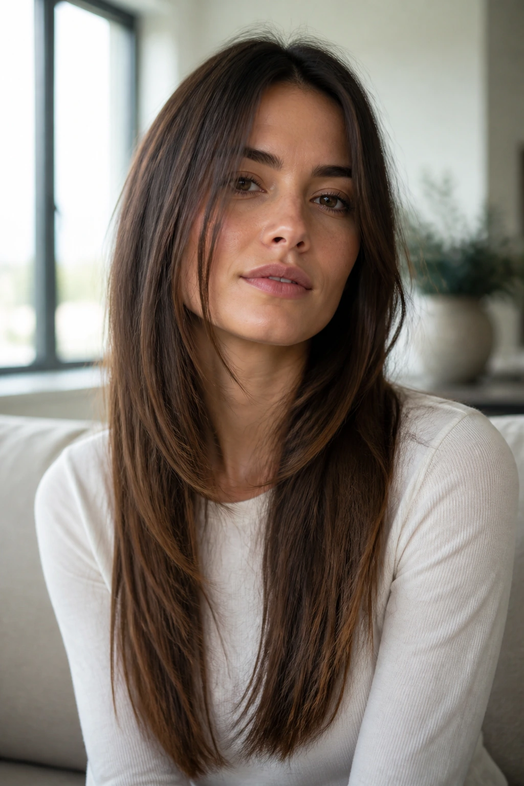 Close-up of hair with barely-there ghost layers showcasing movement.