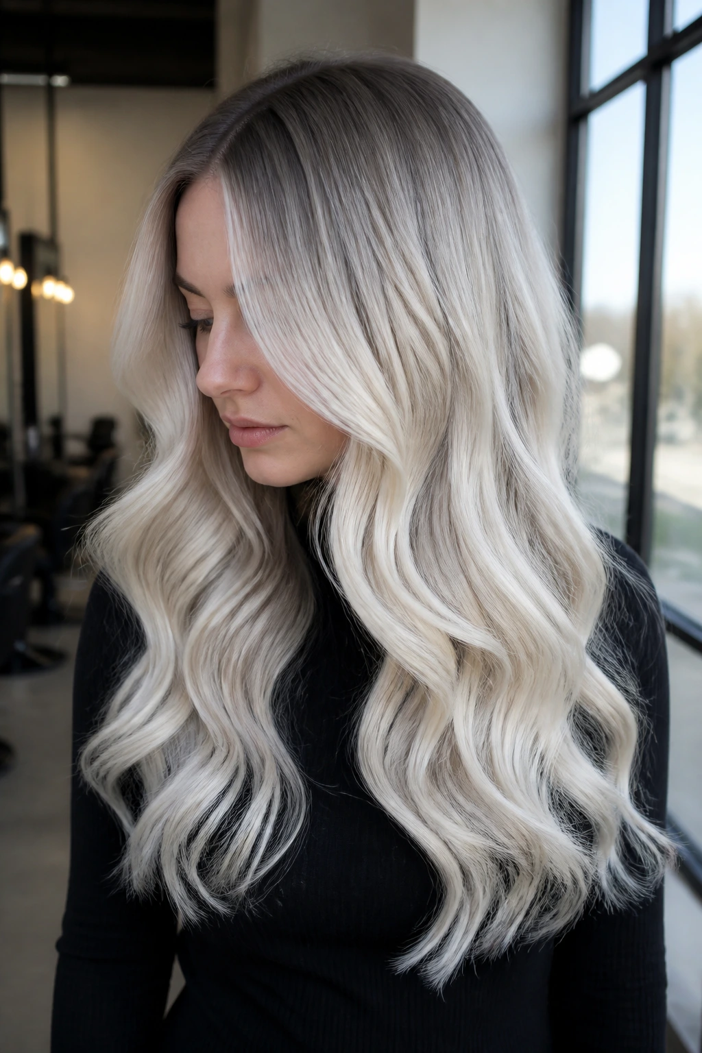 Portrait of a real woman with ghost root melt waves in icy tones