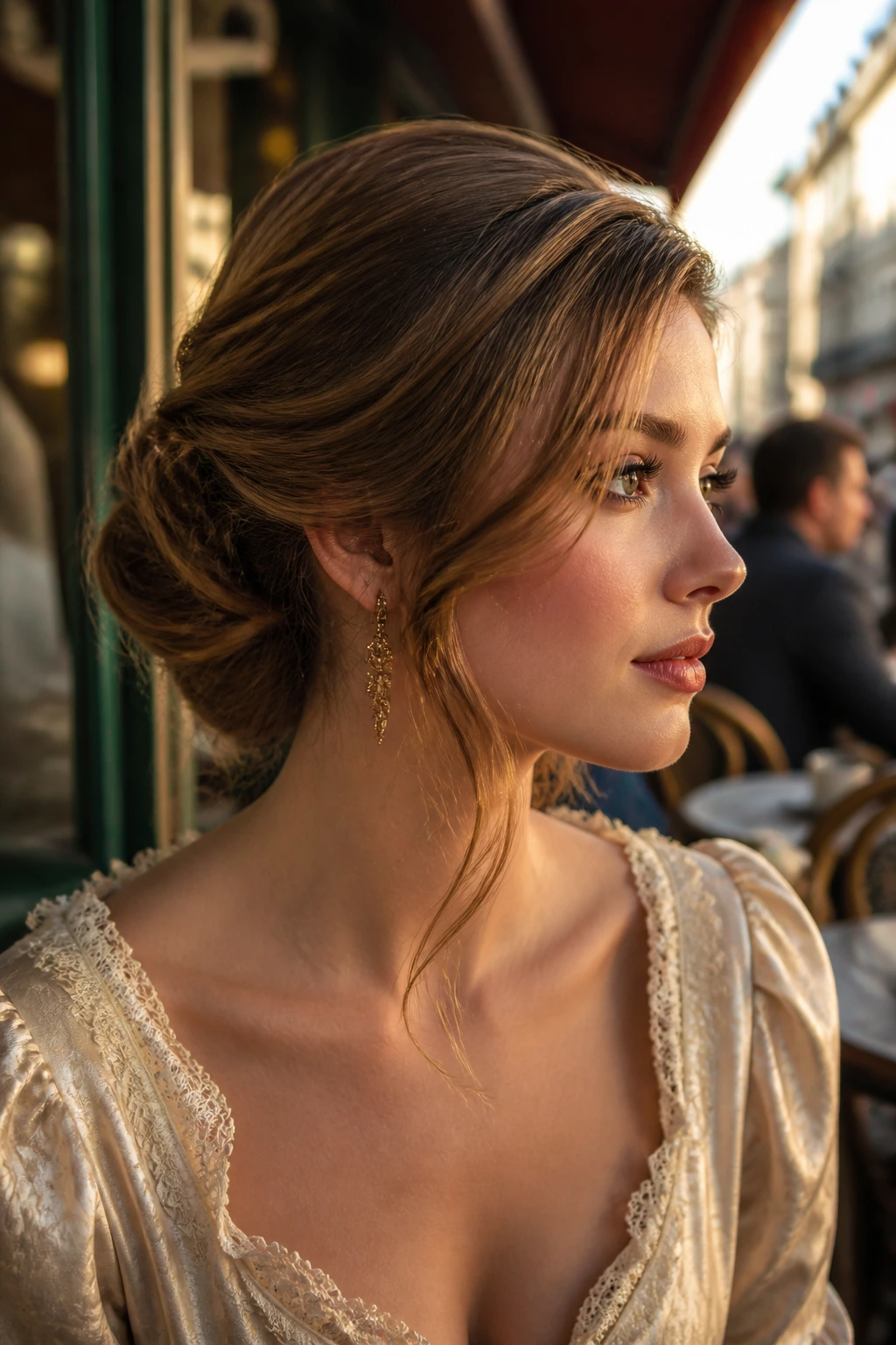 Side-profile close-up of a real woman with a Gibson roll and loose front piece