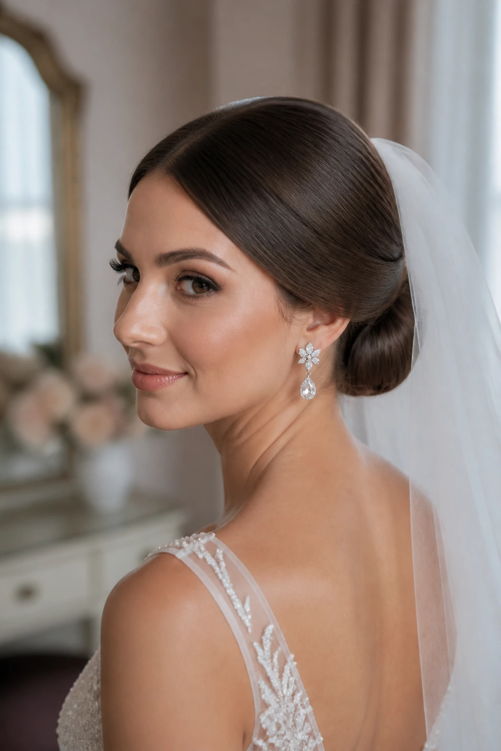 Close-up of a real woman with a Gibson tuck at the nape for a polished finish.
