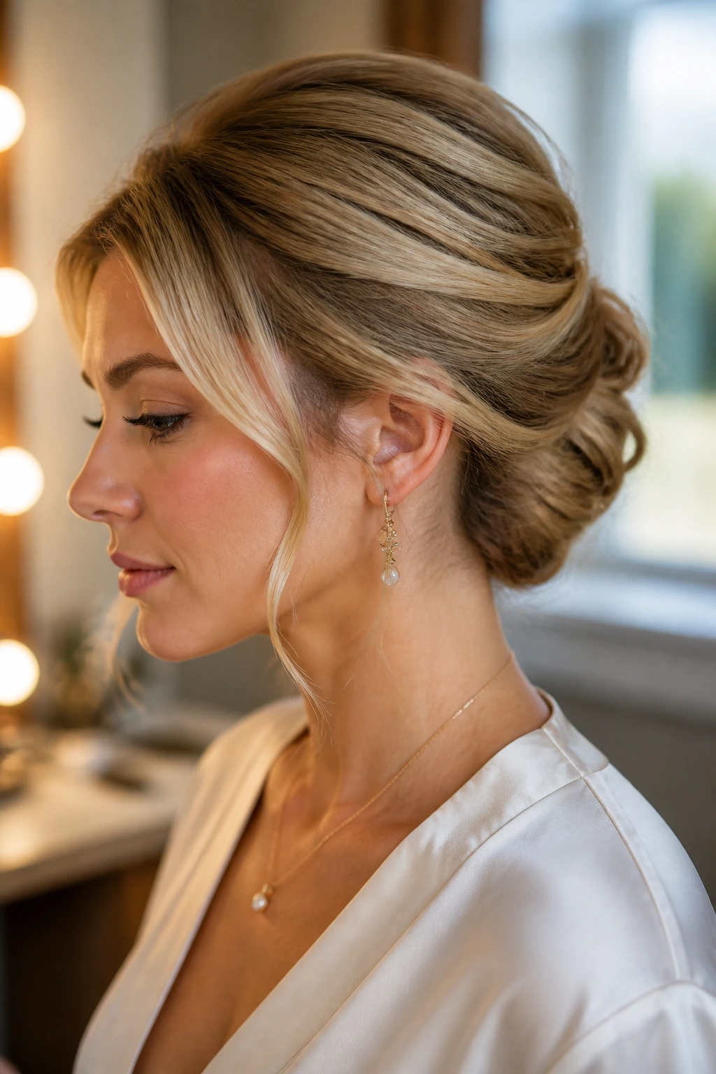 Close-up of a real woman with Gibson tuck and blonde dimension around temples