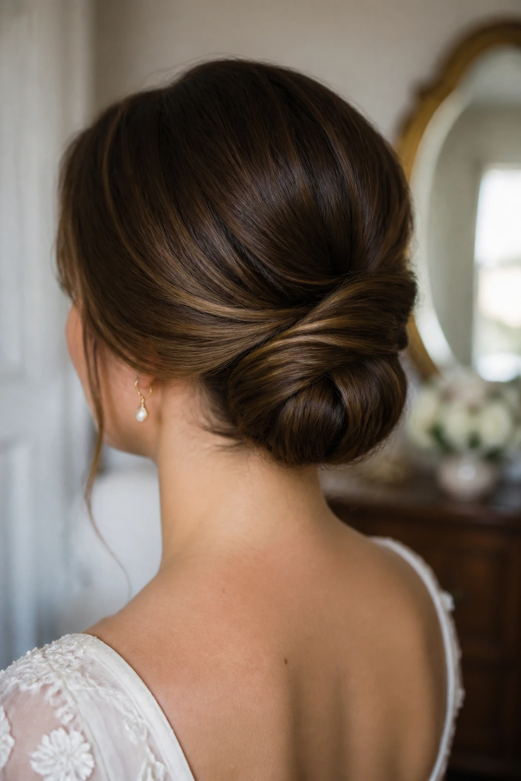 Close-up of a real woman with a Gibson tuck at the nape