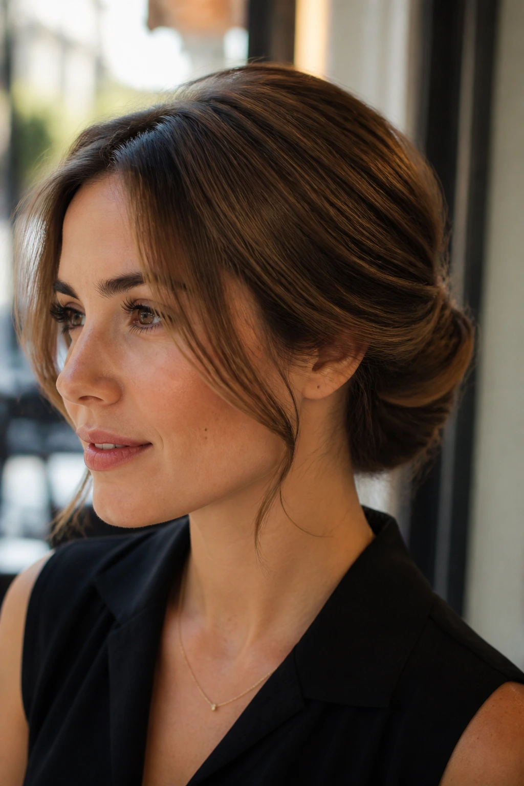 Close-up of Gibson tuck on a real woman with soft facial framing