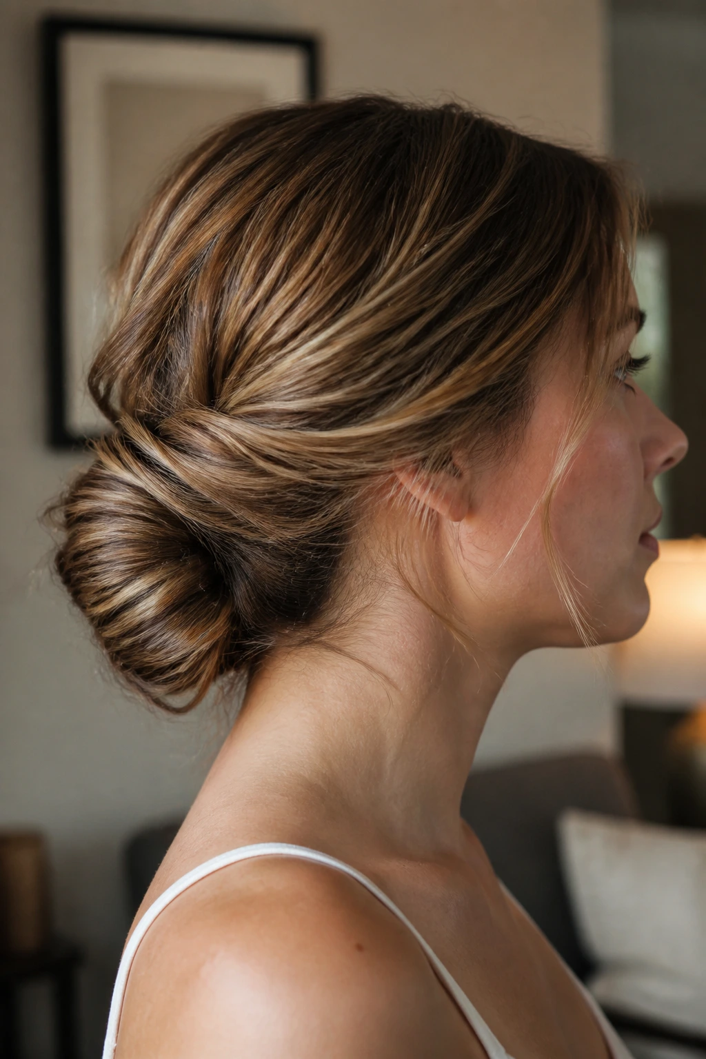 Close-up of a real woman with a Gibson tuck at the nape