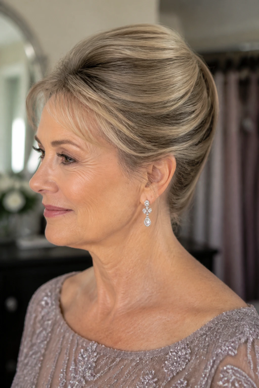 Close-up of a woman with a Gibson tuck and gentle crown height