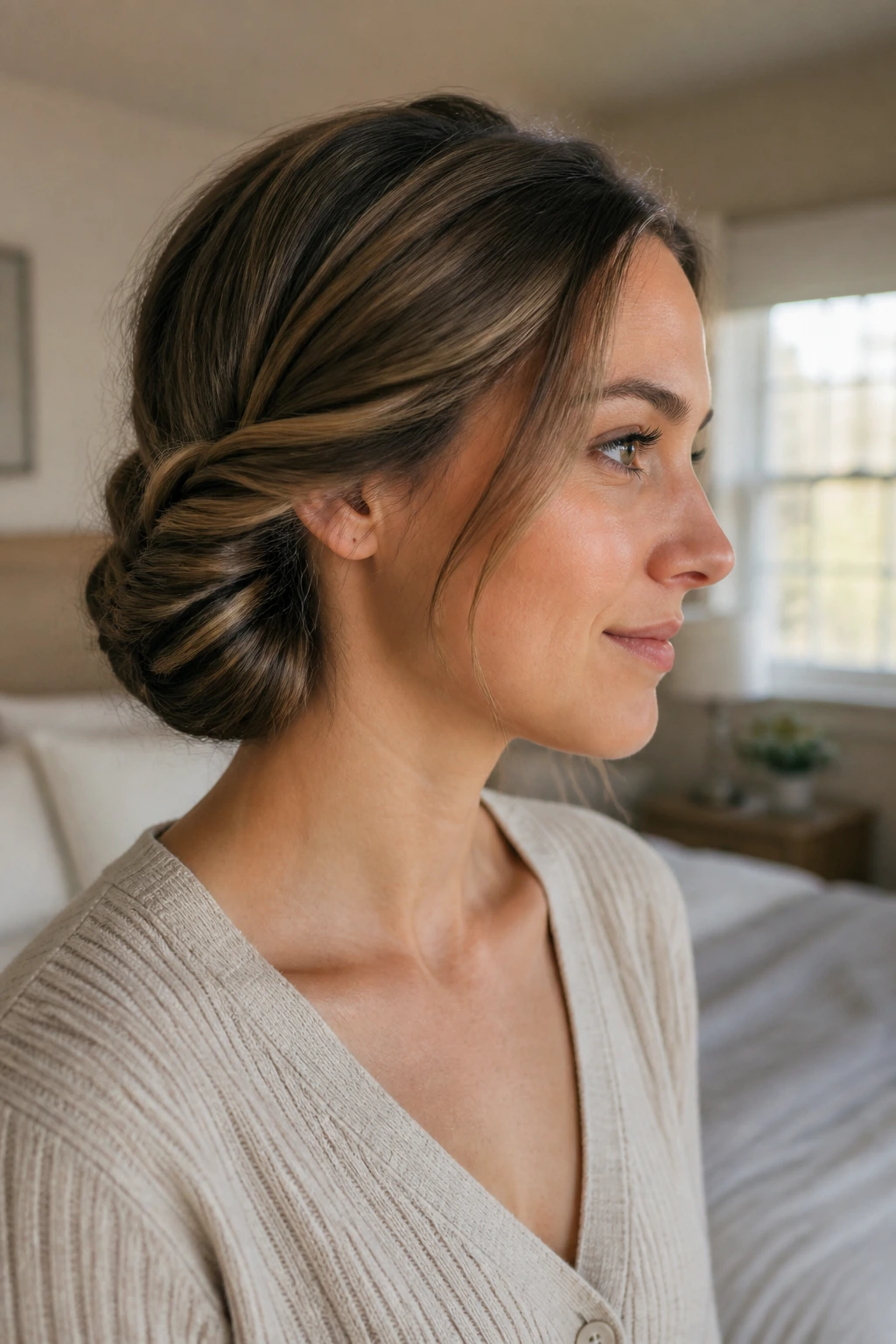 Close-up of a real woman with a Gibson tuck at the nape showing soft lowlights