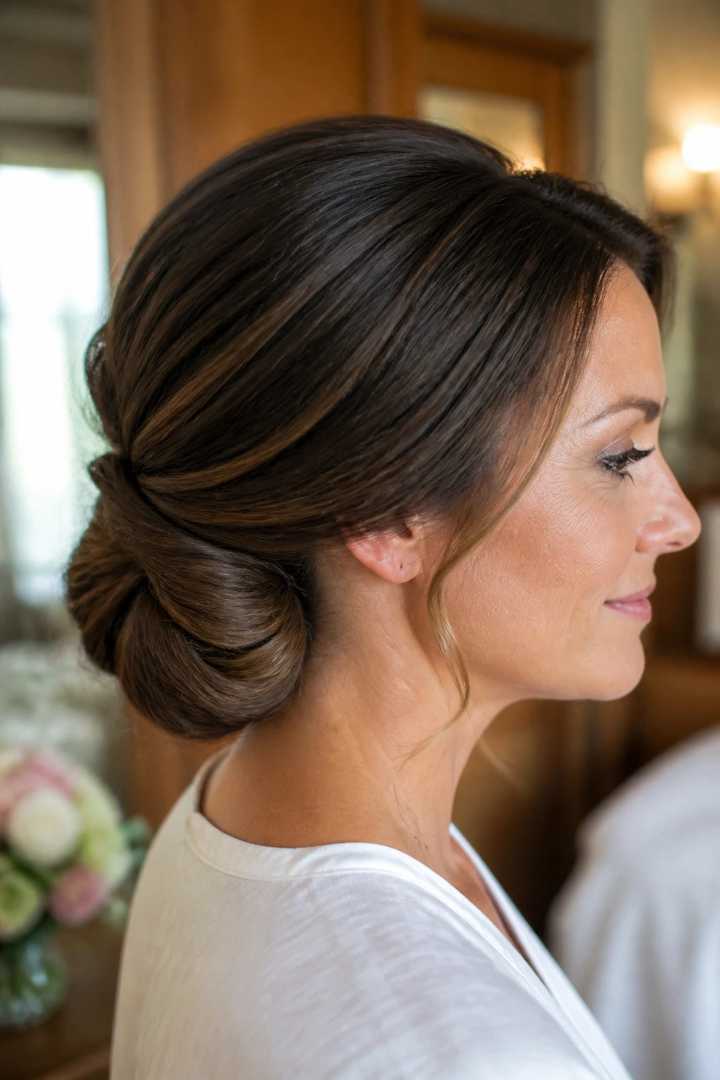 Close-up of a real woman with a Gibson tuck and rolled ends in a bridal suite.