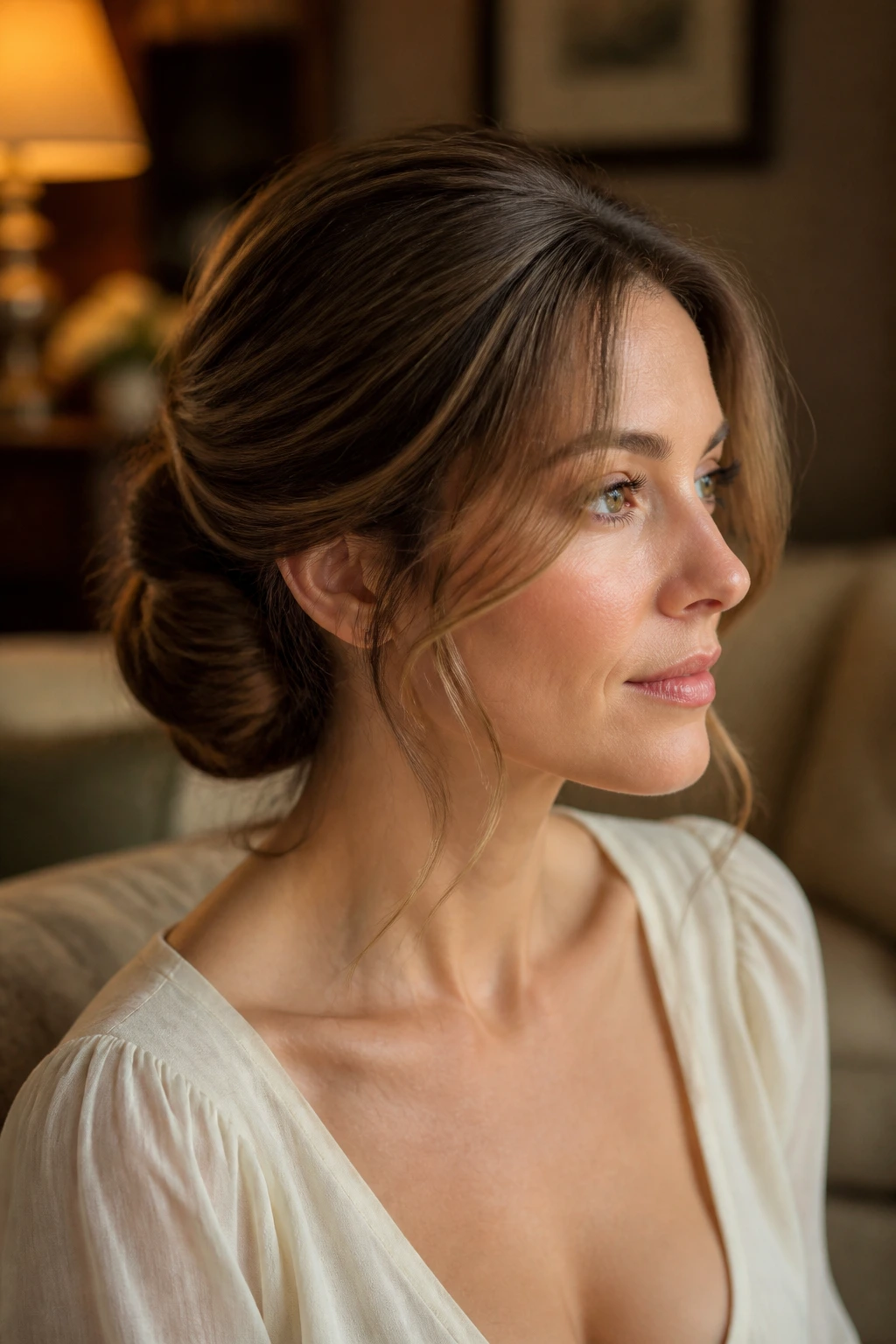 Close-up of a real woman with a Gibson tuck and soft temple strands.