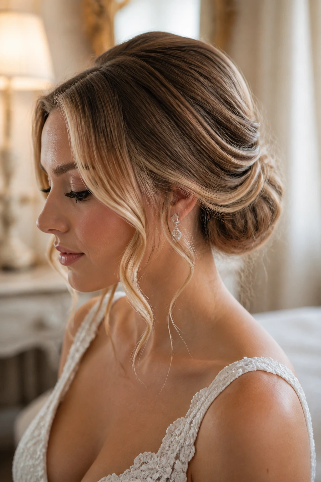 Profile close-up of Low Gibson Tuck With Soft Tendrils on a real bride