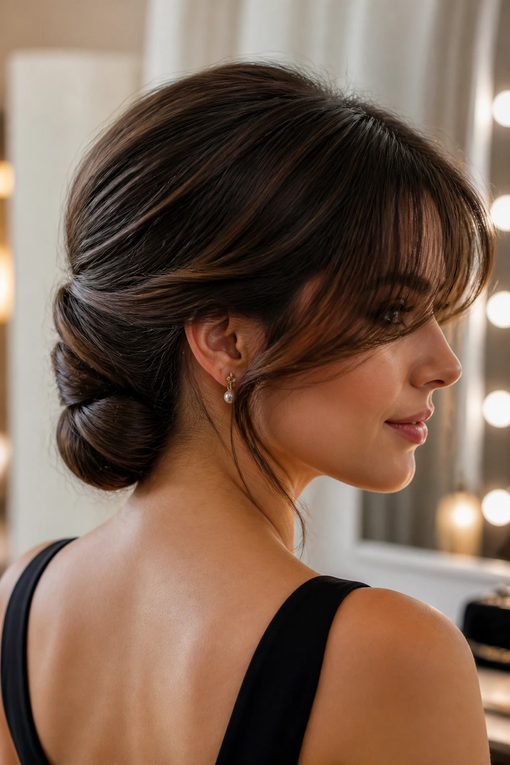 Gibson tuck hairstyle on real person with curtain bangs