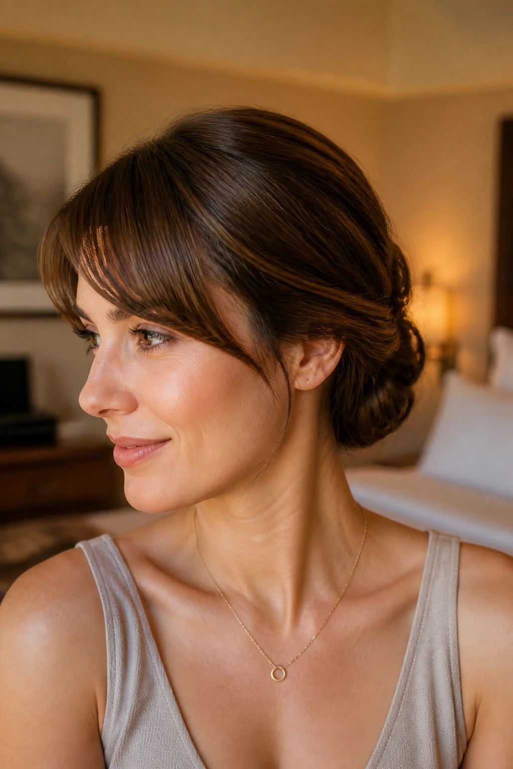 Portrait of a real woman with a relaxed Gibson tuck at the back and side-swept bangs in a warm hotel room