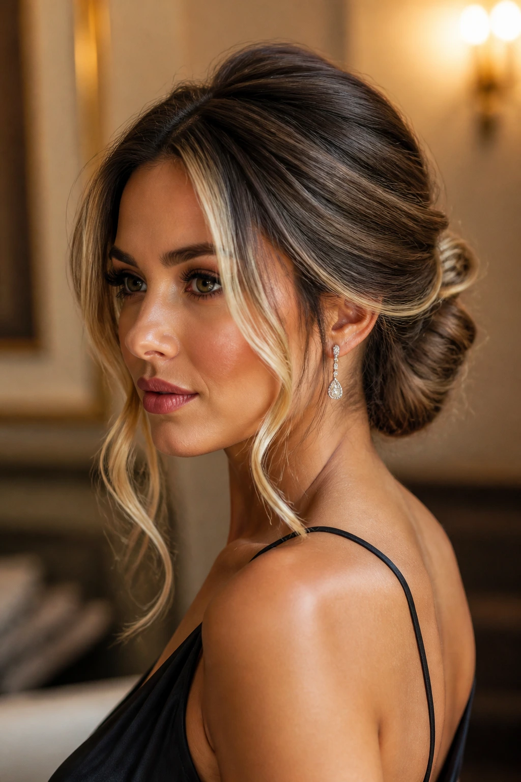 Close-up of a real woman with a Gibson tuck and bright front strands