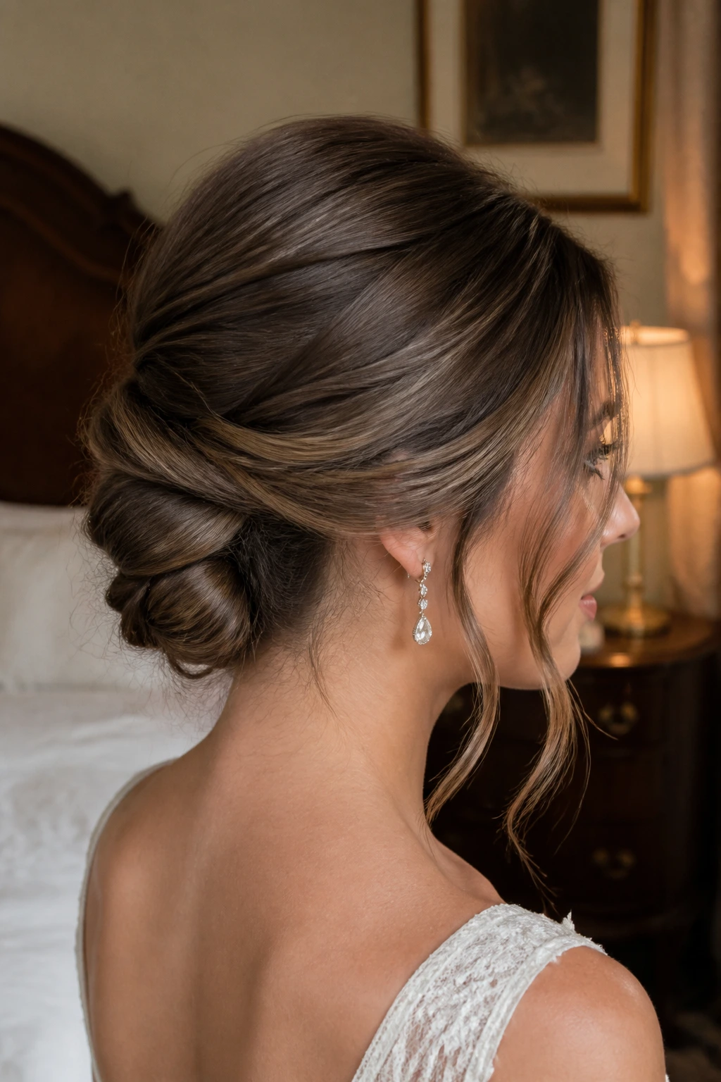 Close-up of real bride with Gibson tuck and face-framing pieces.