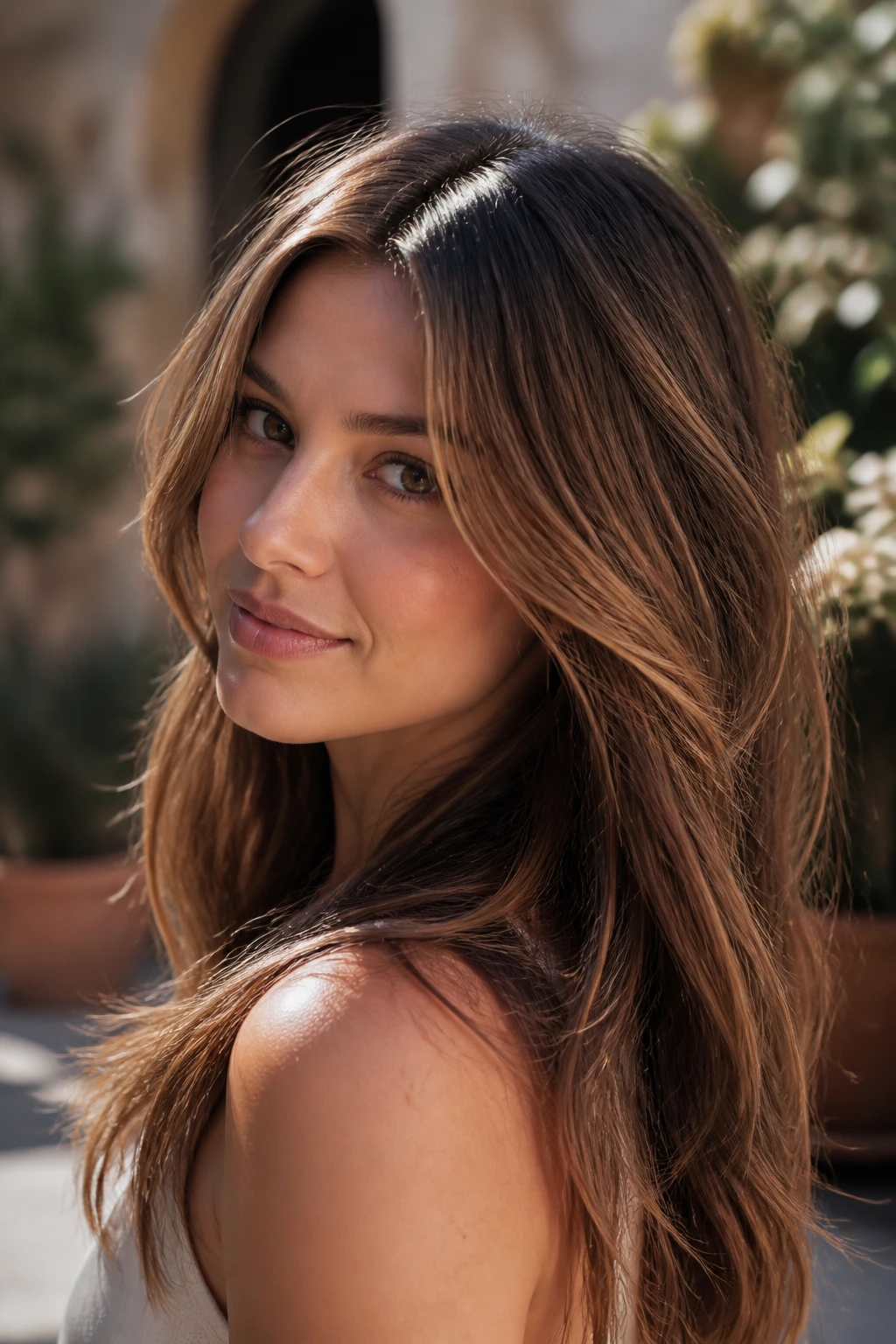 Close-up of a real woman with gilded babylights on warm brunette base
