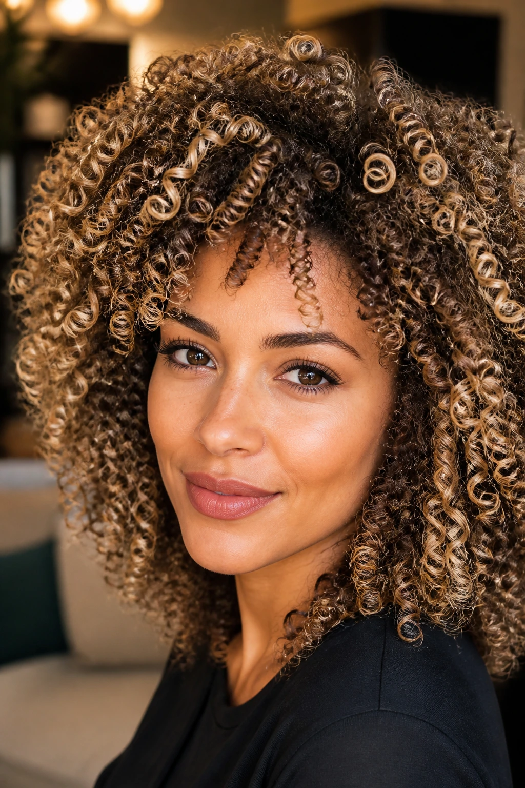 Close-up of curly hair with gilded halo highlights around the crown.