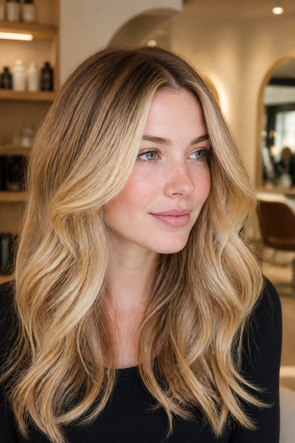 Close-up of gilded foilayage blonde on a real woman with gold highlights.