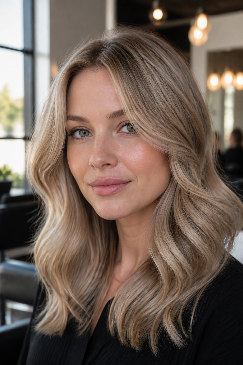 Close-up portrait of a real woman with gilded mushroom blonde hair in a salon