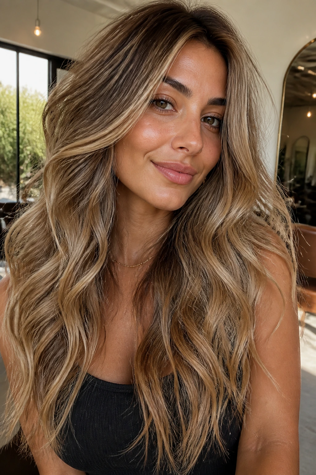 Close-up of a woman with gilded sand mermaid layered blonde on olive skin
