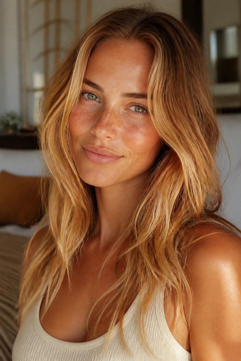 Close-up of a real woman with sunkissed ginger blonde hair in loose waves