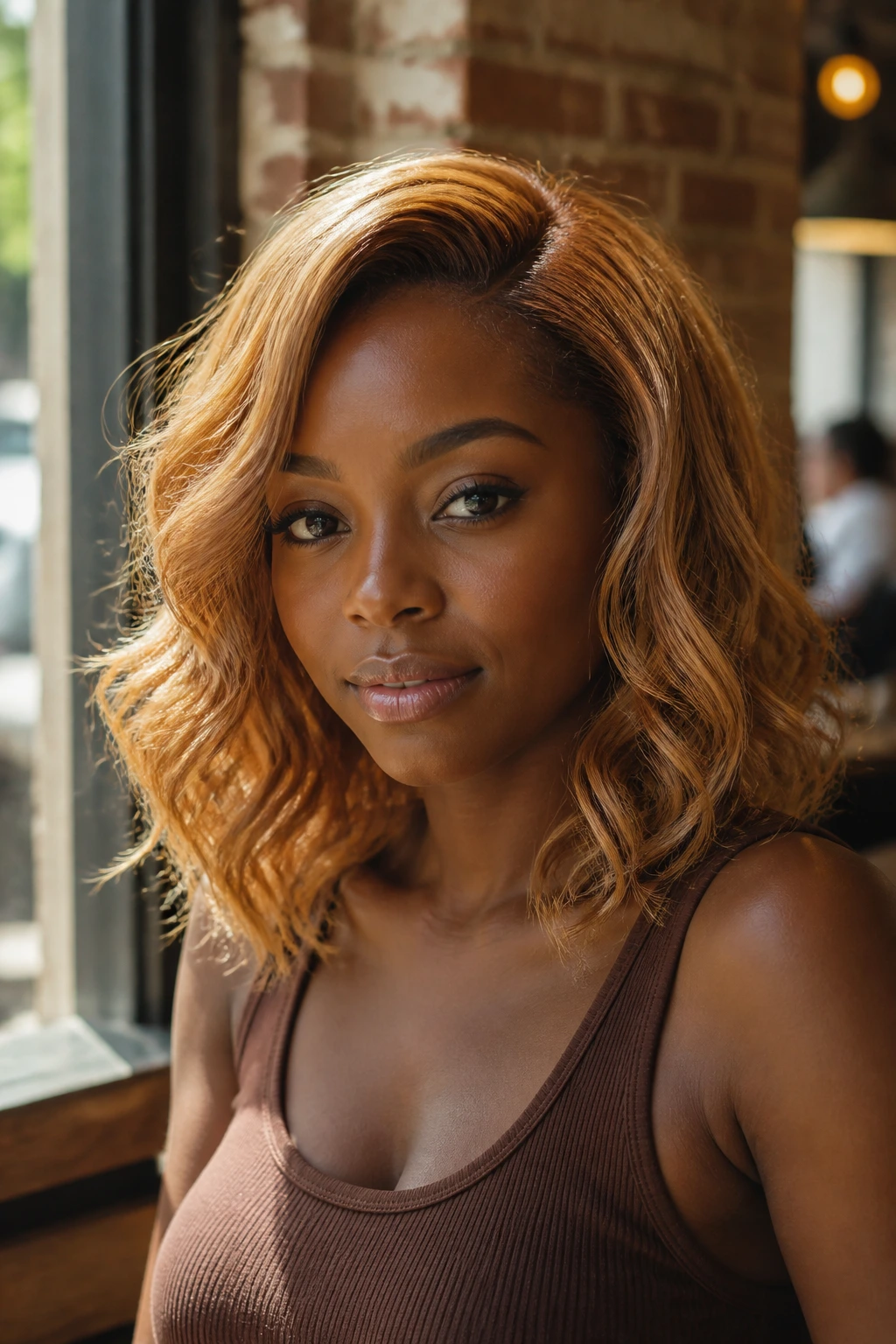 Portrait of a woman with ginger-blonde shoulder-length waves in warm light