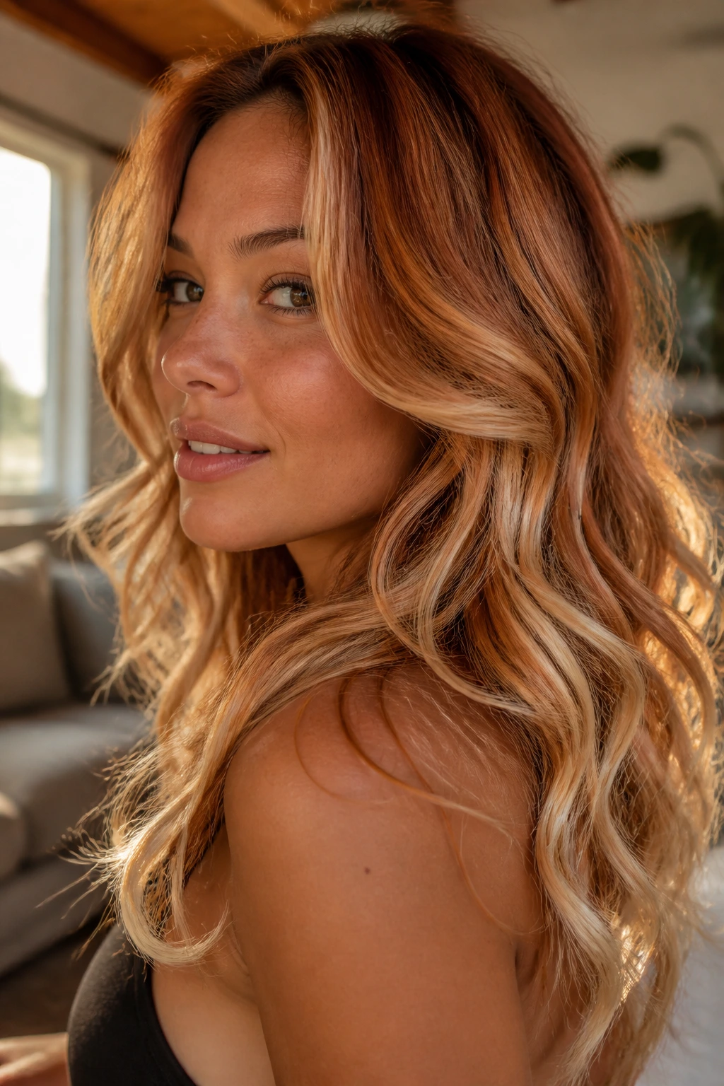 Close-up of real woman with ginger-butter highlights in loose curls