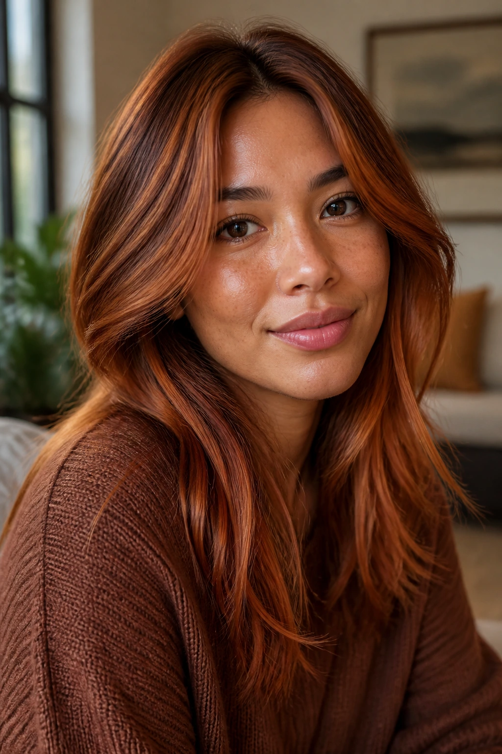 Close-up portrait of a real person with Ginger Spice Copper hair and warm mid-length copper tones