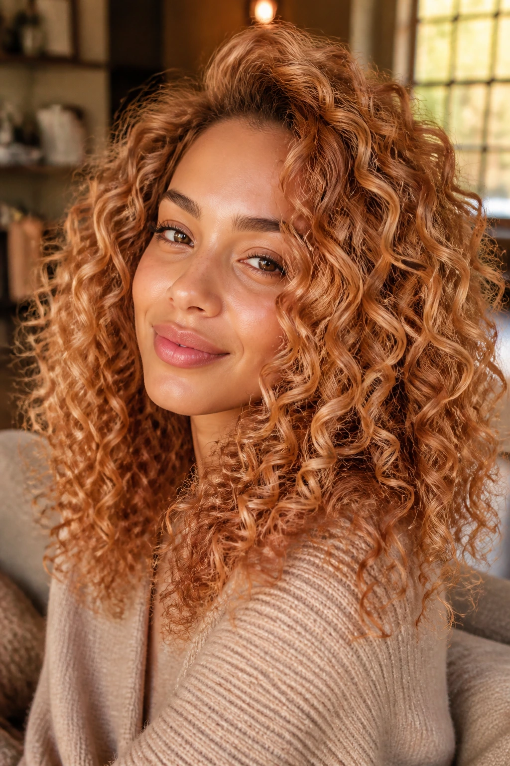 Real woman with ginger cream curls in warm indoor lighting