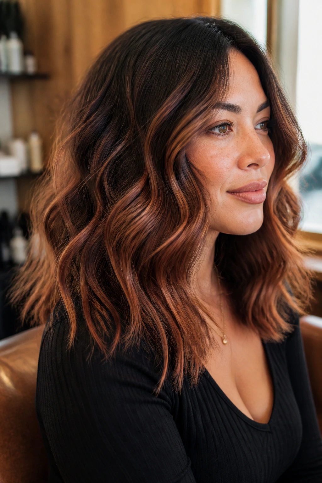 Mocha-toned hair with ginger glow foilayage through the waves.